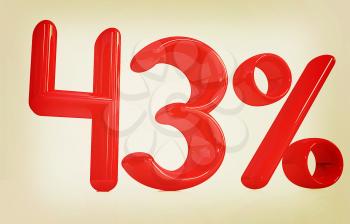3d red 43 - forty three percent on a white background. 3D illustration. Vintage style.