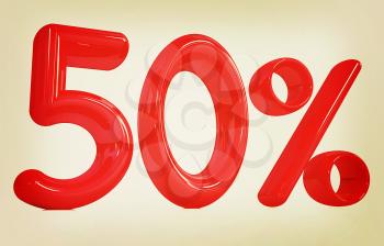 3d red 50 - fifty percent on a white background. 3D illustration. Vintage style.