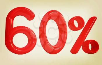 3d red 60 - sixty percent on a white background. 3D illustration. Vintage style.