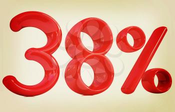 3d red 38 - thirty eight percent on a white background. 3D illustration. Vintage style.