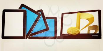 yellow note on the  laptop and  tablet pc on a white background. 3D illustration. Vintage style.