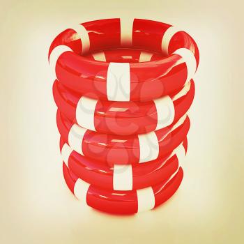 Red lifebelts on a white background. 3D illustration. Vintage style.