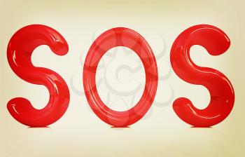 3d red text sos on a white background. 3D illustration. Vintage style.