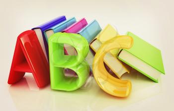 alphabet on a colorful real books on white background. 3D illustration. Vintage style.