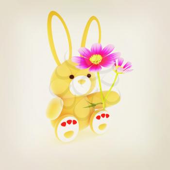 soft toy hare with a little red hearts on white paws and cosmos flower on a white background. 3D illustration. Vintage style.
