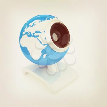 Web-cam for earth. Global on line concept on a white background. 3D illustration. Vintage style.