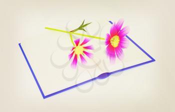 Wonderful flower cosmos on the exposed book. 3D illustration. Vintage style.