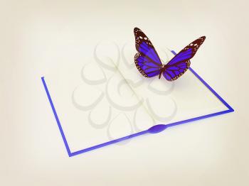 butterfly on a book on a white background. 3D illustration. Vintage style.