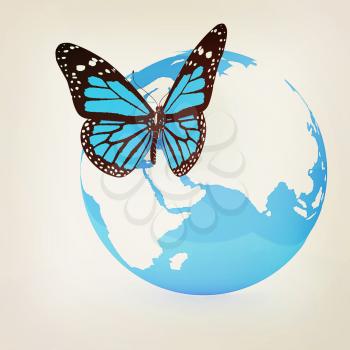 Earth and butterfly on white background. 3D illustration. Vintage style.