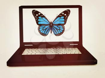 butterfly on a notebook on a white background. 3D illustration. Vintage style.