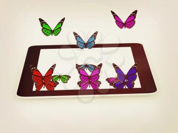 butterflies on a phone on a white background. 3D illustration. Vintage style.