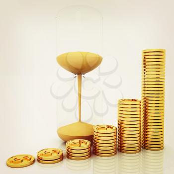 hourglass and coins on a white background. 3D illustration. Vintage style.