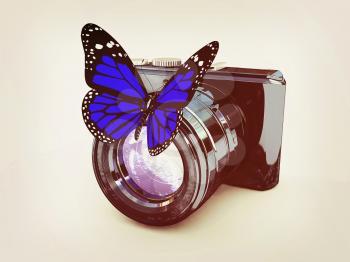3d illustration of photographic camera and butterfly on white background. 3D illustration. Vintage style.