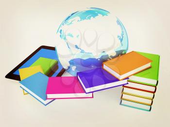 tablet pc and earth with colorful real books  on white background. 3D illustration. Vintage style.