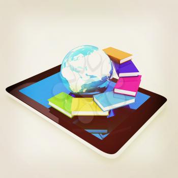 tablet pc and earth with colorful real books  on white background. 3D illustration. Vintage style.