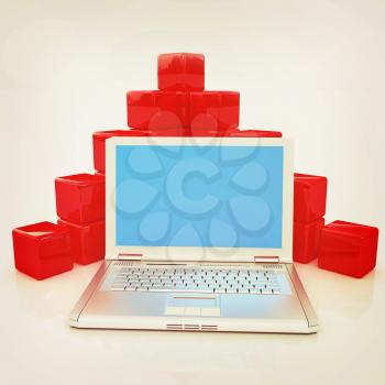 Cubic diagram structure and laptop. On a white background. 3D illustration. Vintage style.