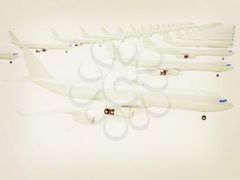 White airplanes on a white background. 3D illustration. Vintage style.