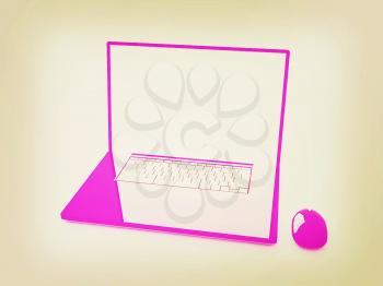 Pink laptop on a white background. 3D illustration. Vintage style.