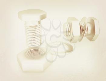 stainless steel bolts with a nuts and washers on white. 3D illustration. Vintage style.