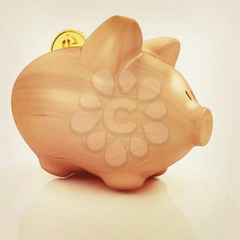 Wooden piggy bank and falling coins. 3D illustration. Vintage style.