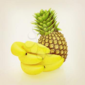pineapple and bananas on a white background. 3D illustration. Vintage style.