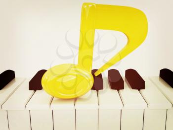 3d note on a piano. On a white background. 3D illustration. Vintage style.
