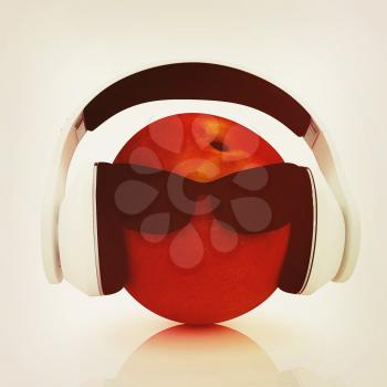 fresh peaches with sun glass and headphones front face on a white background. 3D illustration. Vintage style.