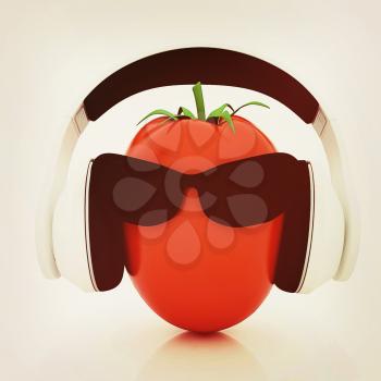 tomato with sun glass and headphones front face on a white background. 3D illustration. Vintage style.