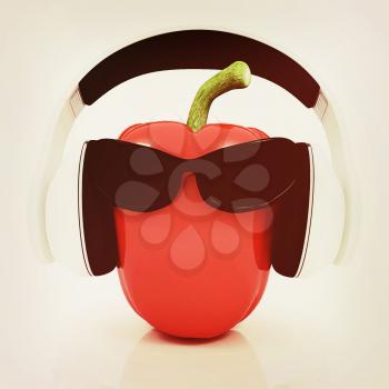 Bell peppers with sun glass and headphones front face on a white background. 3D illustration. Vintage style.