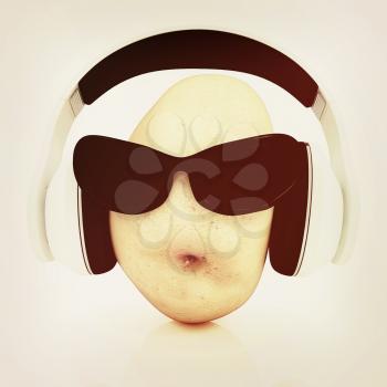 potato with sun glass and headphones front face on a white background. 3D illustration. Vintage style.