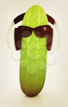 cucumber with sun glass and headphones front face on a white background. 3D illustration. Vintage style.