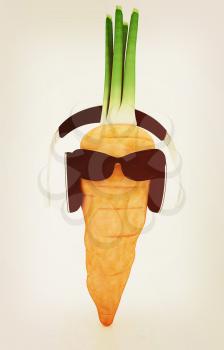 carrot with sun glass and headphones front face on a white background. 3D illustration. Vintage style.