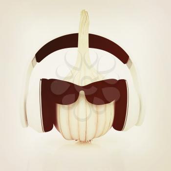 Head of garlic with sun glass and headphones front face on a white background. 3D illustration. Vintage style.