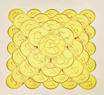 Gold dollar coins on a white background. 3D illustration. Vintage style.