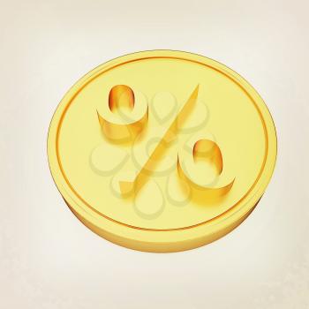 Gold percent coin on a white background. 3D illustration. Vintage style.