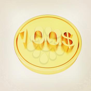 Gold 100 dollar coin on a white background. 3D illustration. Vintage style.