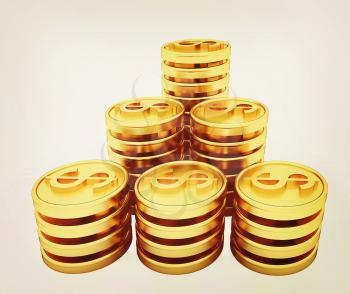 Gold dollar coins on a white background. 3D illustration. Vintage style.