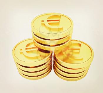 Gold euro coins on a white background. 3D illustration. Vintage style.