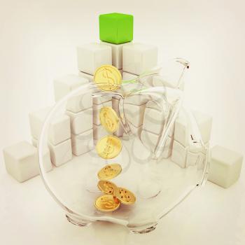 cubic diagram structure and piggy bank on a white background. 3D illustration. Vintage style.