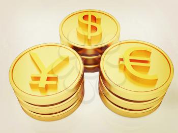 gold coins with 3 major currencies on a white background. 3D illustration. Vintage style.