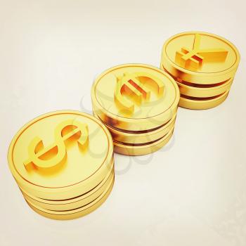 gold coins with 3 major currencies on a white background. 3D illustration. Vintage style.