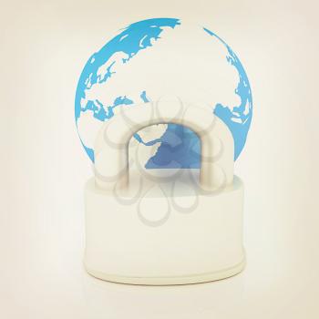 globe and padlock on a white background. 3D illustration. Vintage style.