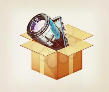 camera out of the box on a white background. 3D illustration. Vintage style.