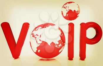 Word VoIP with 3D globeon a white background. 3D illustration. Vintage style.