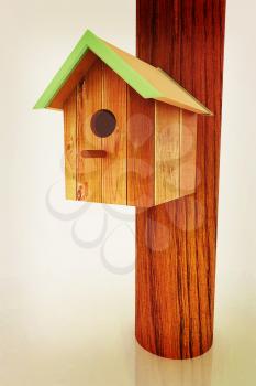 Nest box birdhouse on a white background. 3D illustration. Vintage style.