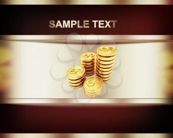 background with with gold dollar coins. 3D illustration. Vintage style.