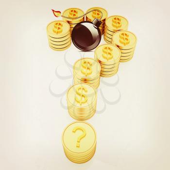 Question mark in the form of gold coins with dollar sign and black bomb burning on a white background. 3D illustration. Vintage style.
