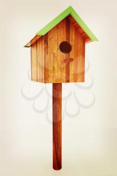 Nest box birdhouse on a white background. 3D illustration. Vintage style.