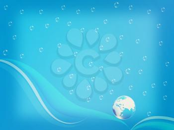 Blue water drops background and earth. 3D illustration. Vintage style.