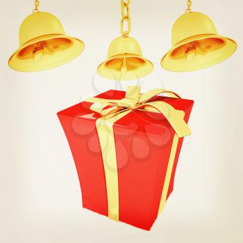 Gold bell and red gift box with golden ribbon on white background. 3D illustration. Vintage style.